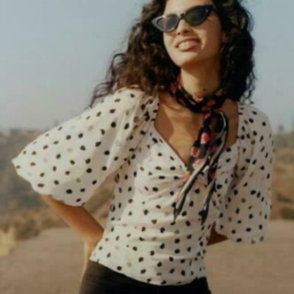 Anthropologie Ranna Gill Sz S Francoise Blouse Black White Polka Dot MSRP $120